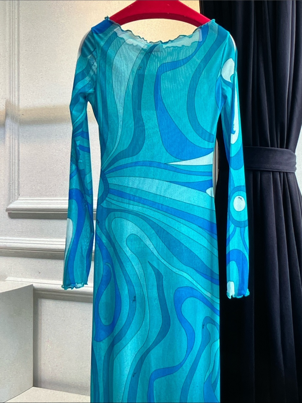 Emilio Pucci Turquoise and Aqua Swirl Long Sleeve Maxi Dress Size M
